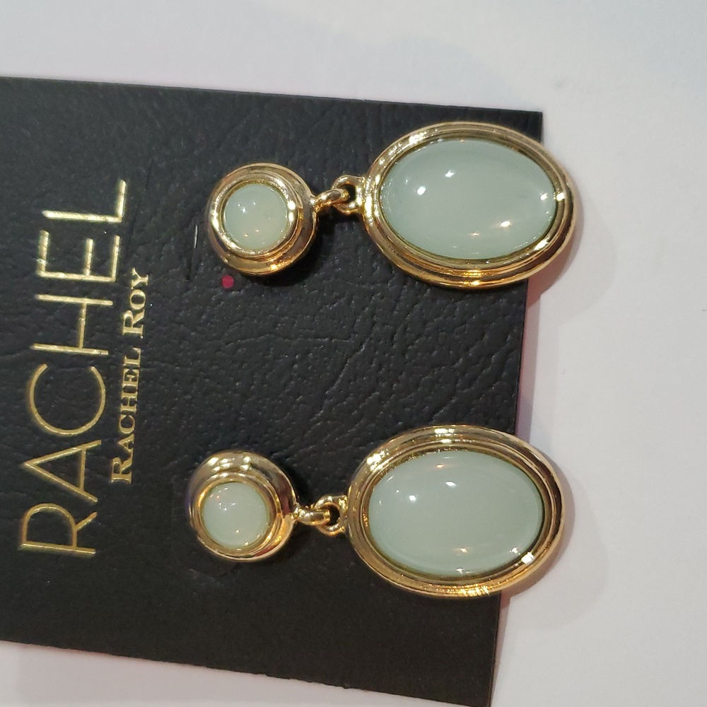 Rachel Roy gold tone faux Jade 2 layered stud earrings new